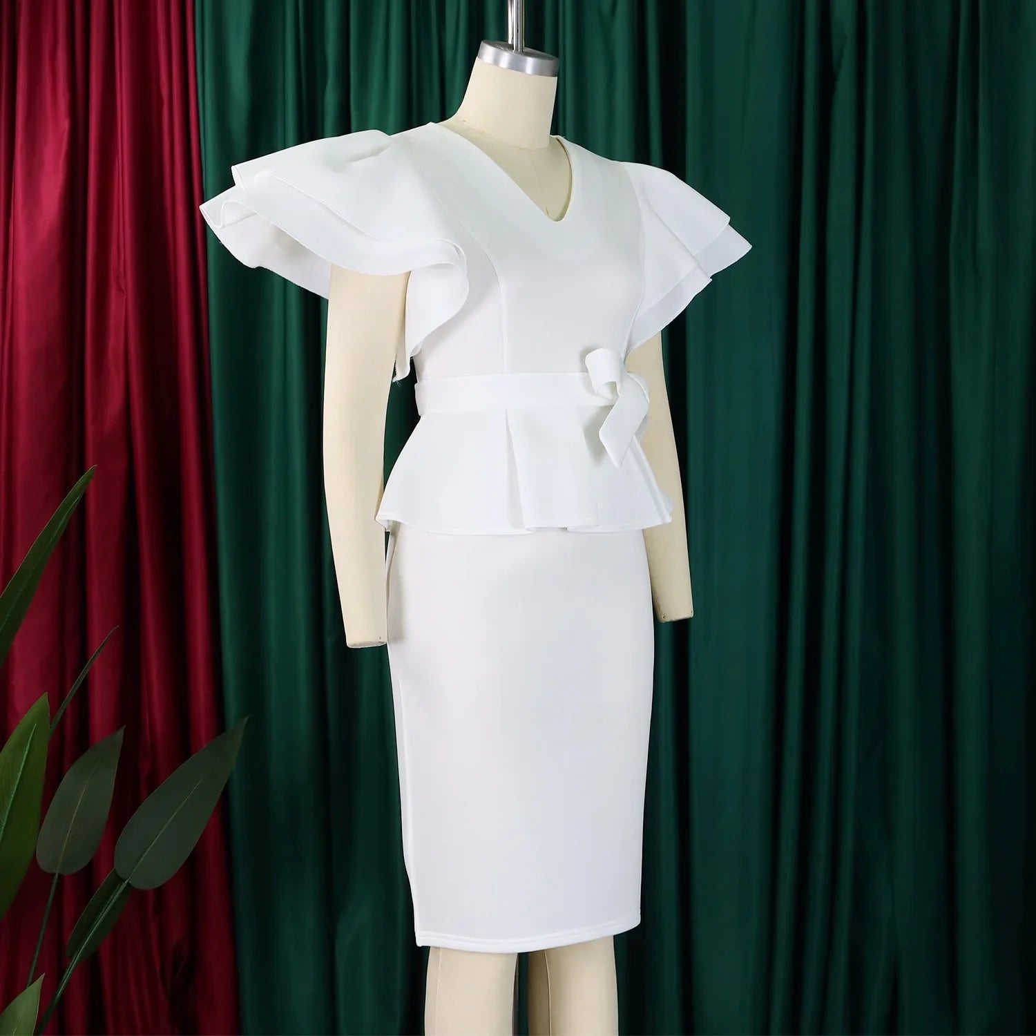 V Neck Bodycon Midi Dress With Ruffle Sleeves For Women