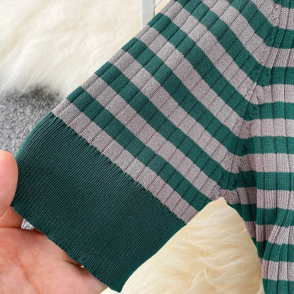 Retro Striped Maxi Dress For Women O Neck Ruched Casual