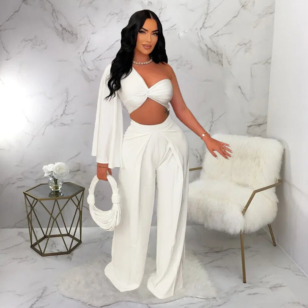 Women's Ruched One Shoulder Sleeve Crop Top and Wide Leg Pants Two Piece Set Outfit