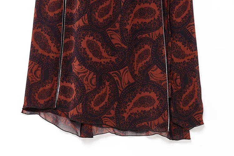 Women's Spring Printed Midi Skirt Two-Piece Set with Casual Folded Silk Texture Shirt and High Waist Skirt