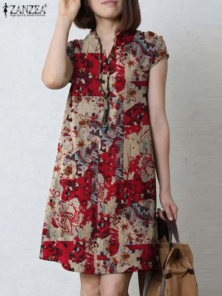 Bohemian Floral Knee Length Sundress For Summer Vacation