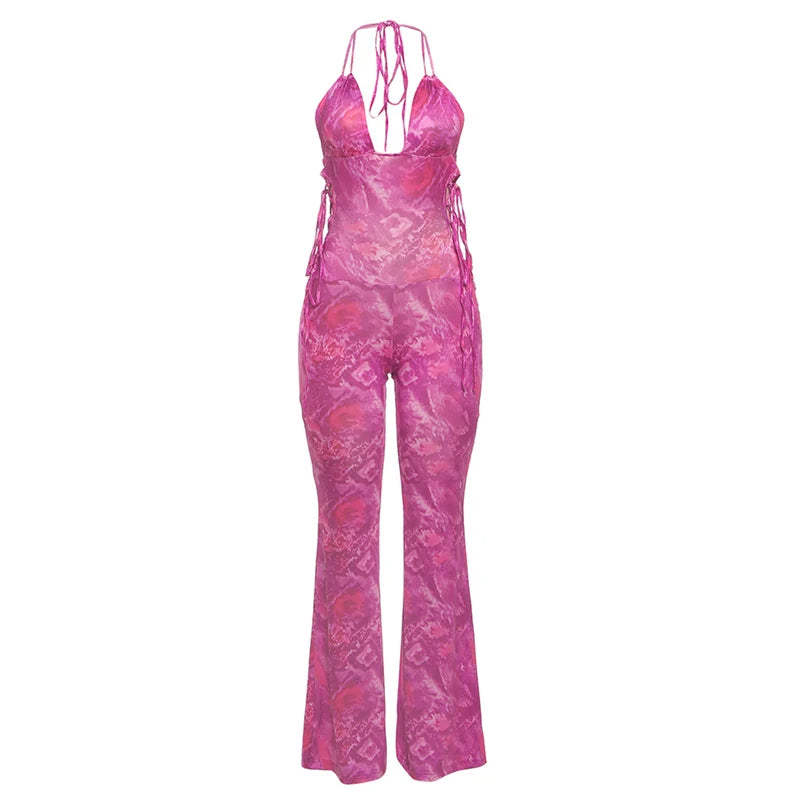Backless Tie-Dye Side Shirring Jumpsuit for Women Sleeveless Skinny Overalls Sexy Clubwear and Workout Midnight Party Outfit