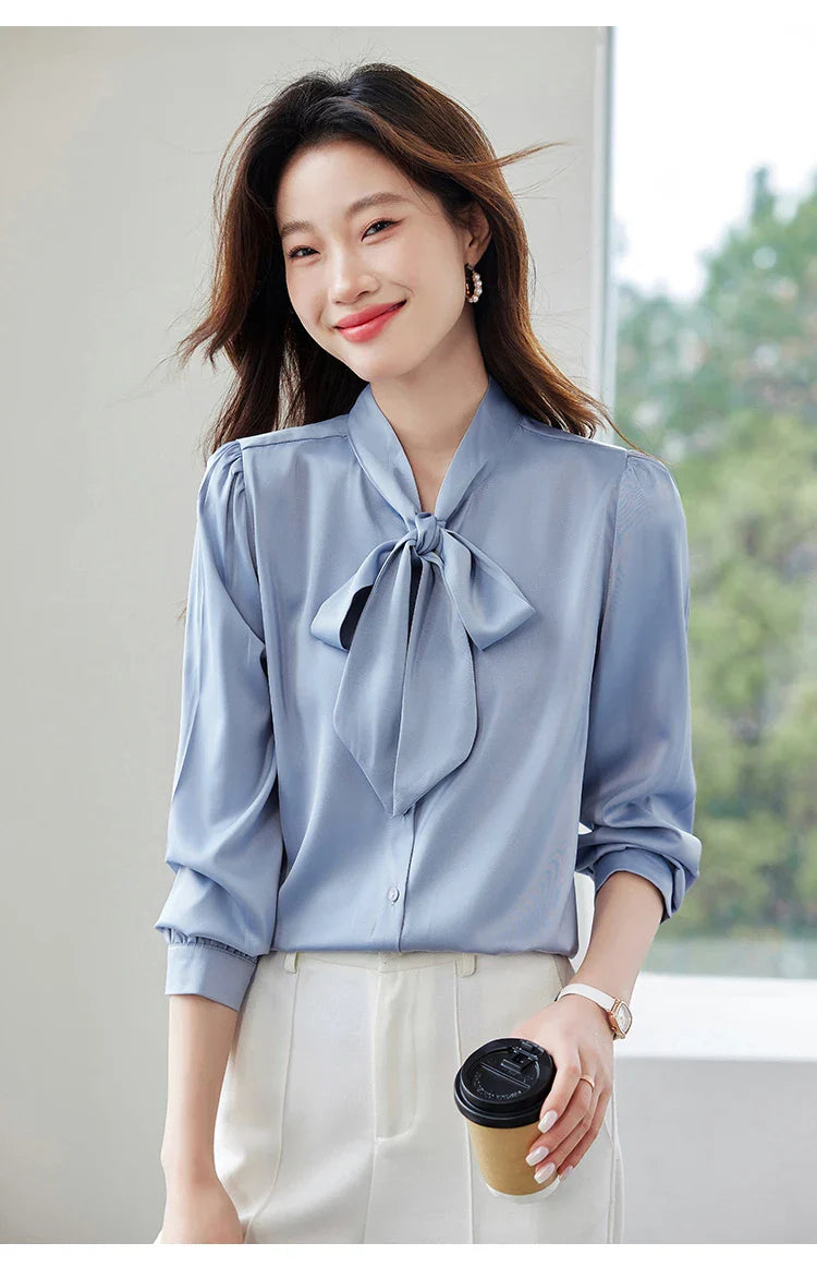Elegant Women's Long Sleeve Blouse with Bow Collar Casual Loose Fit White Office Shirt Top