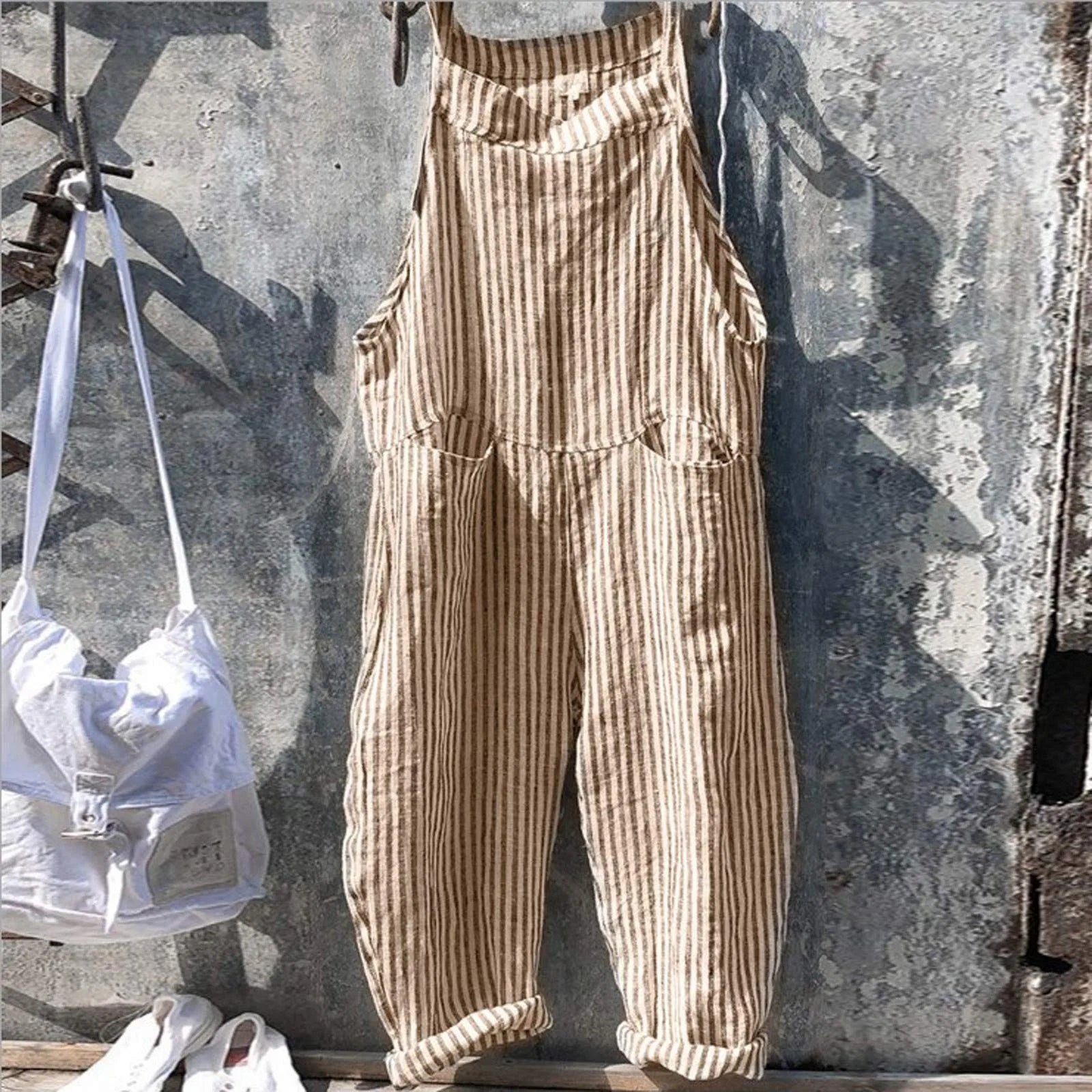 Vintage Multicolor Women's Cargo Jumpsuit Wide Leg Sleeveless Bib Trousers Casual Loose Fit with Pockets
