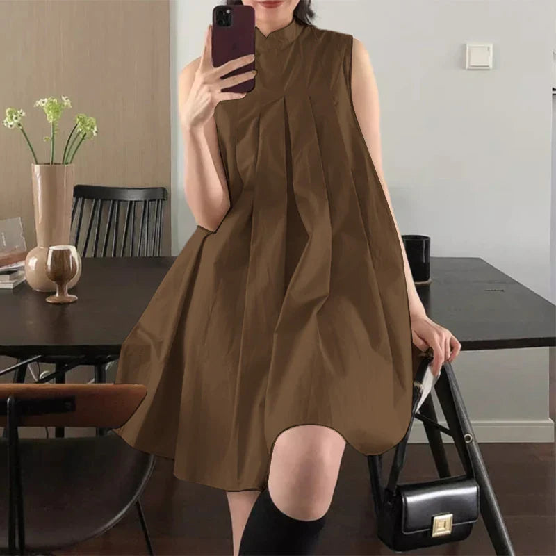 Mandarin Collar Pleated Sundress Women Sleeveless A Line