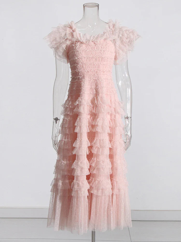 Patchwork Mesh Dress For Women High Waist Ruffled Casual