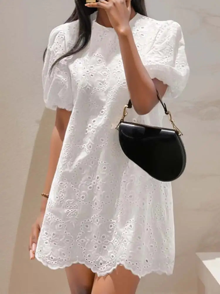 Cotton Sundress With Puff Sleeve Mini For Women Round Neck