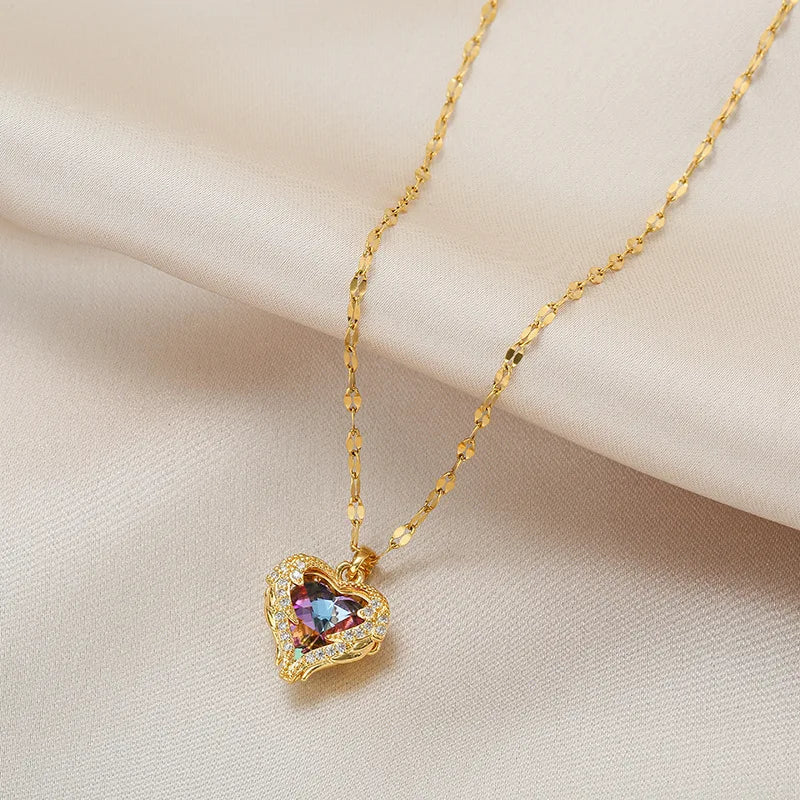 Luxury Colorful Crystal Ocean Heart Pendant Necklace for Women Stainless Steel Jewelry