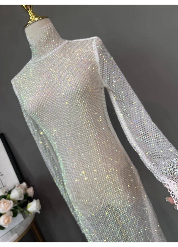 Rhinestone High Neck Glitter Party Dress Mid Length