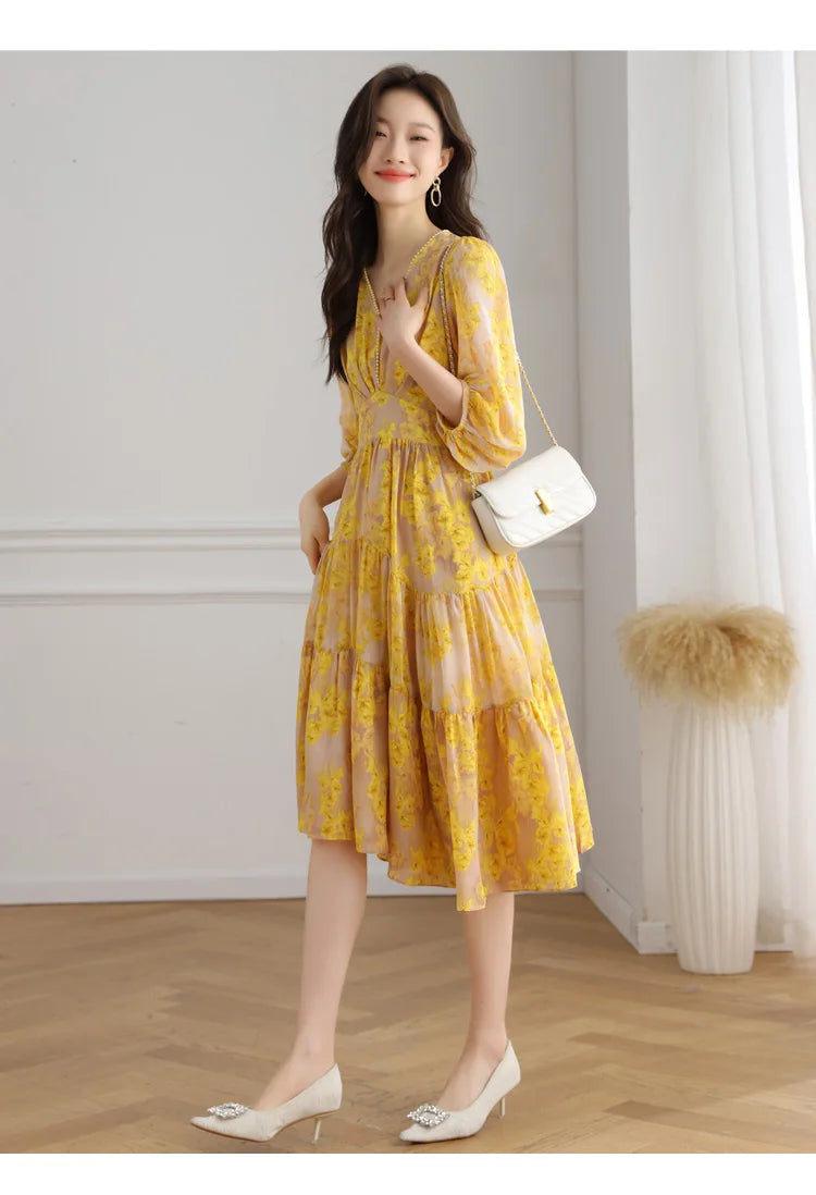 Floral Chiffon Dress For Women V Neck A Line Dress
