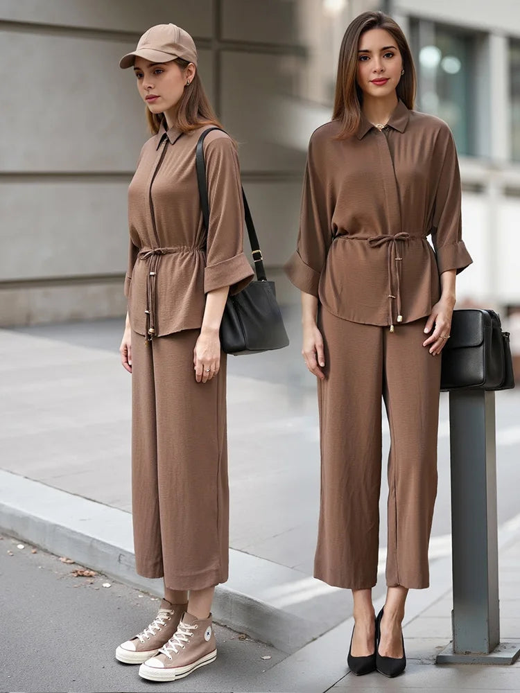 Fashion Women's Casual Pants Set with Solid Khaki Drawstring Waist Blouse and Elastic Waist Baggy Pants