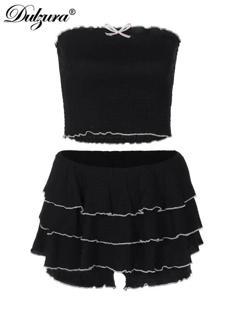 Sexy Matching Tube Top and Ruffled Skirt Set Women Summer Party Club Date Outfit Streetwear Y2K Style