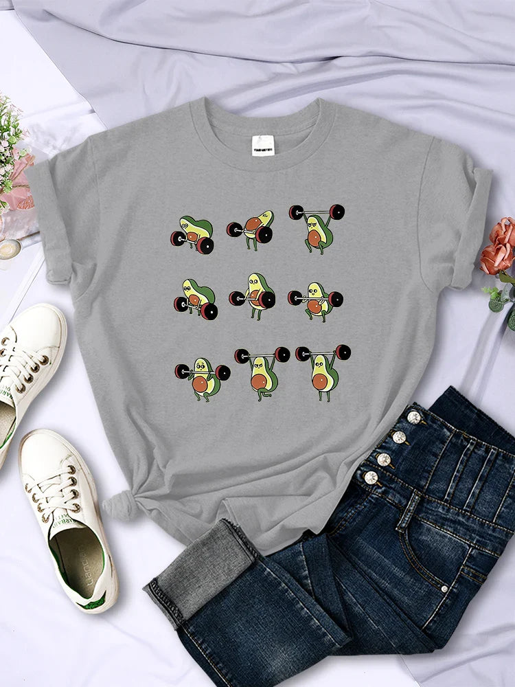Avocado Cartoon Weightlifting T Shirt for Women Casual Short Sleeves Korean Hip Hop Style