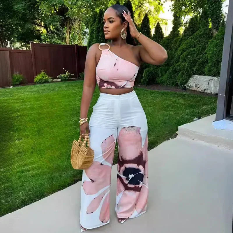 Flower Print Two Piece Set for Women One Shoulder Crop Top and Loose Wide Leg Pants Vacation Outfit