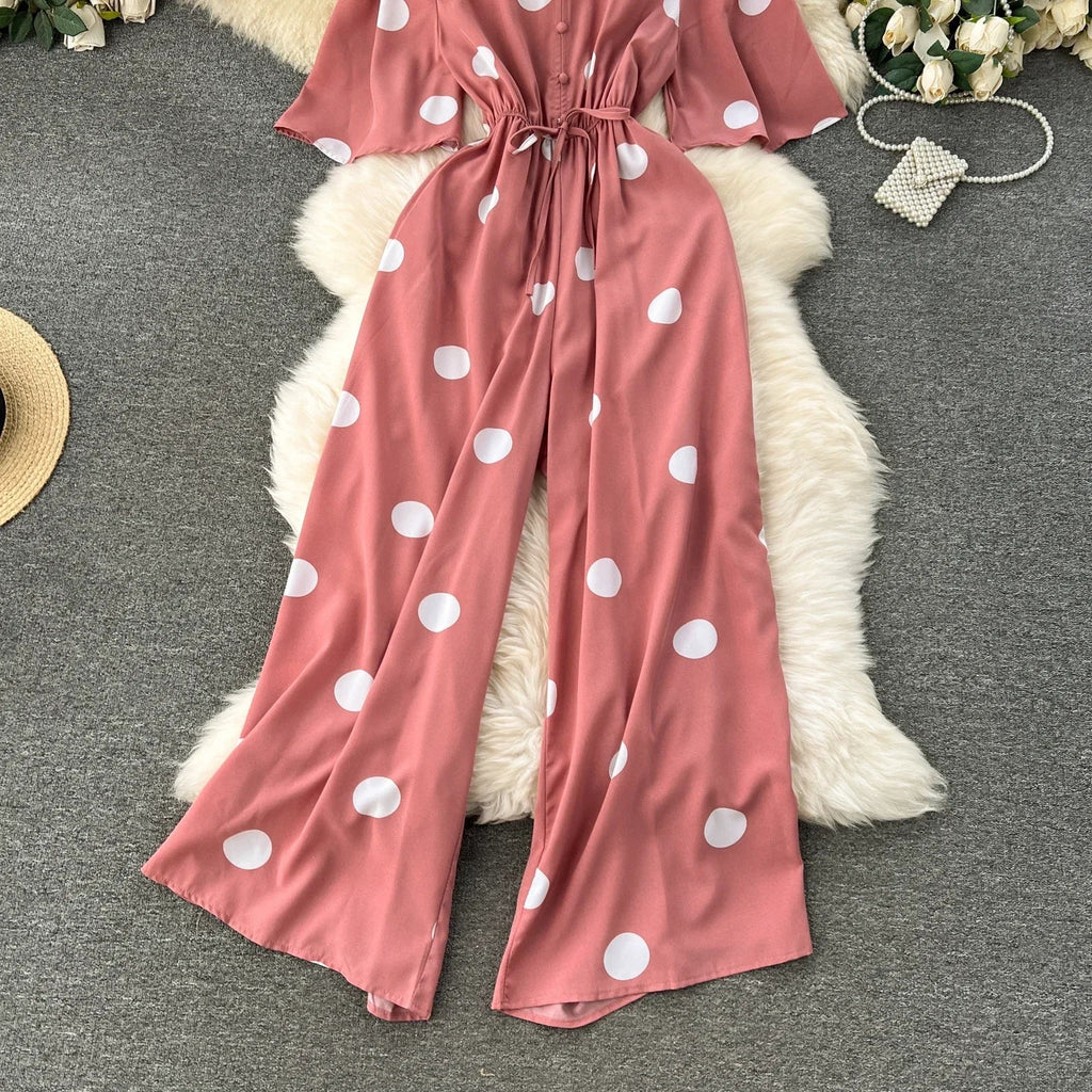 Women Wide Leg Polka Dot Jumpsuit with V Neck Dolman Sleeves and Slim Waist Design