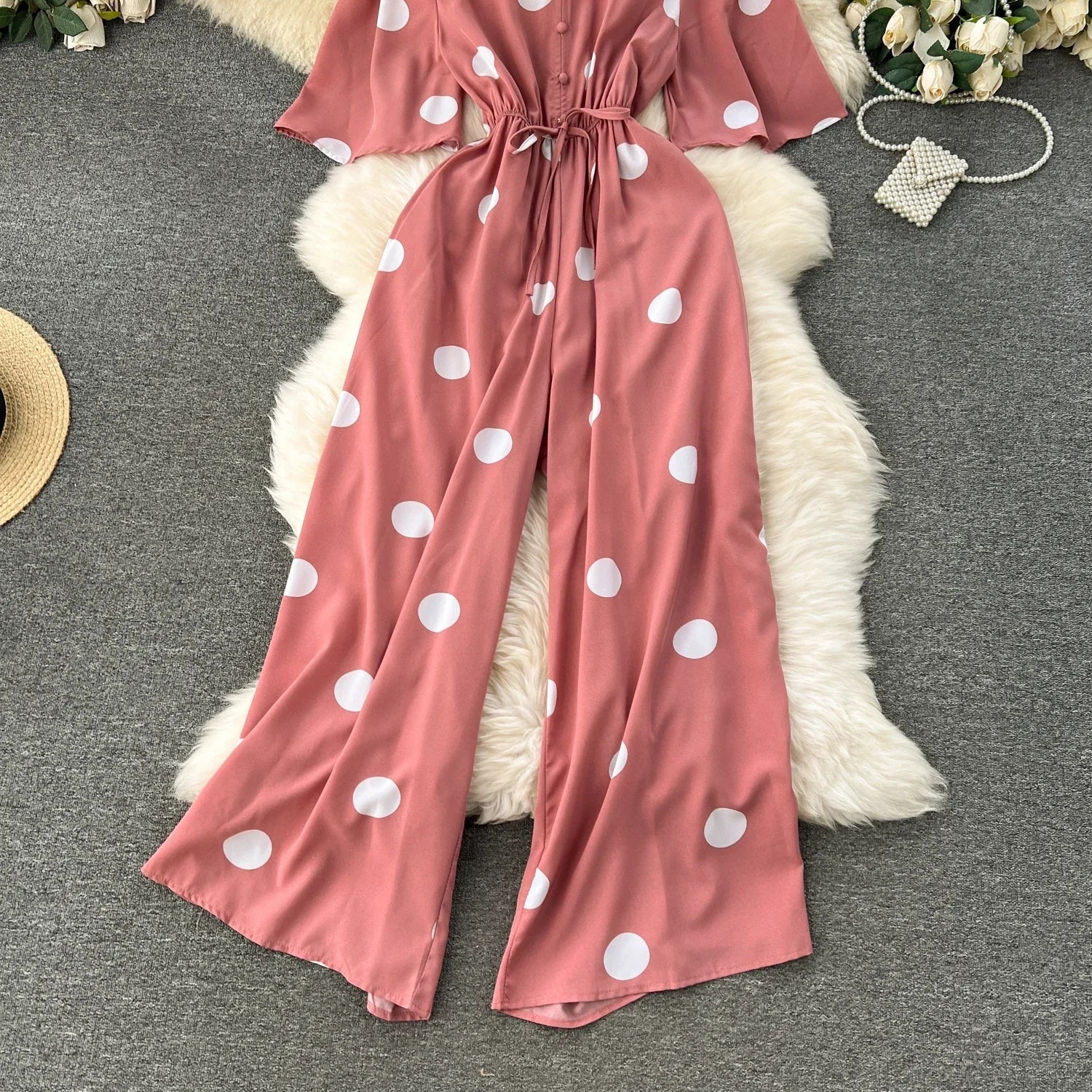 Women Wide Leg Polka Dot Jumpsuit with V Neck Dolman Sleeves and Slim Waist Design