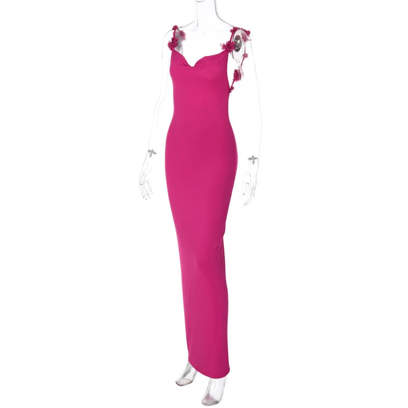 Rose Red Backless Strap Maxi Dress Women Bodycon Party