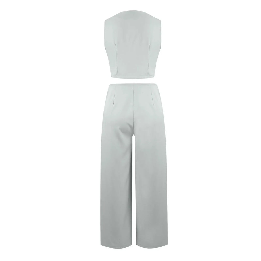 Sleeveless V-Neck Vest and Wide Leg Pants Suit for Women
