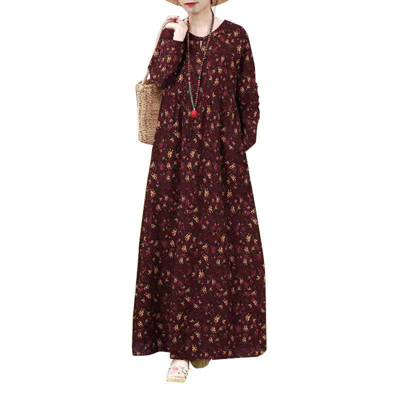 Boho Floral Print Maxi Dress With Long Sleeves Casual