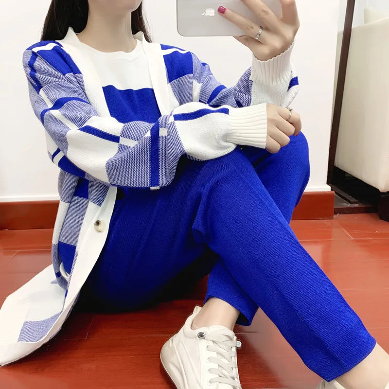 Autumn Winter Women's Plaid Knit Cardigan Tracksuit Set with Short Sleeve Top and Solid Harem Pants 3 Piece Cozy Sweater Coat Ensemble