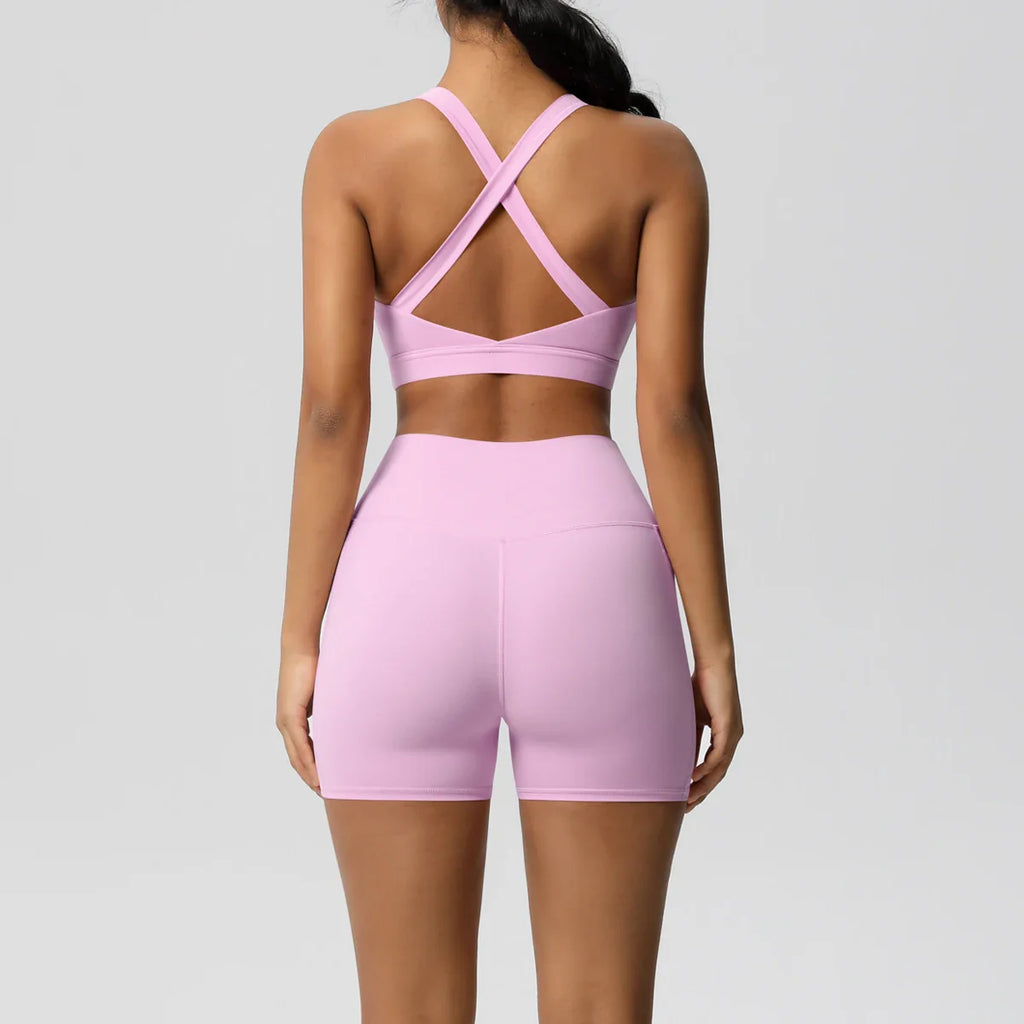 2PCS Pocketed Yoga Set for Women with Crossover Bra and Gym Leggings Workout Tracksuit Sports Shorts Activewear