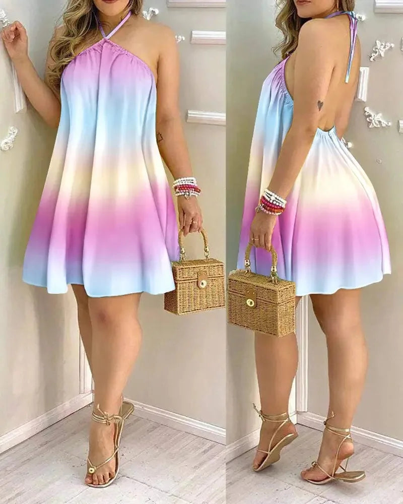 Halter Neck Backless Print Dress For Women Sleeveless