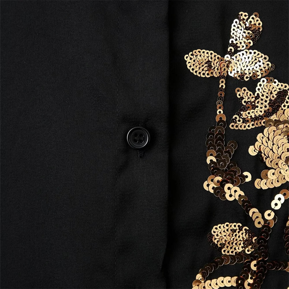 Women's Satin Texture Sequin Embroidered Shirt and High Waist Long Pants Set