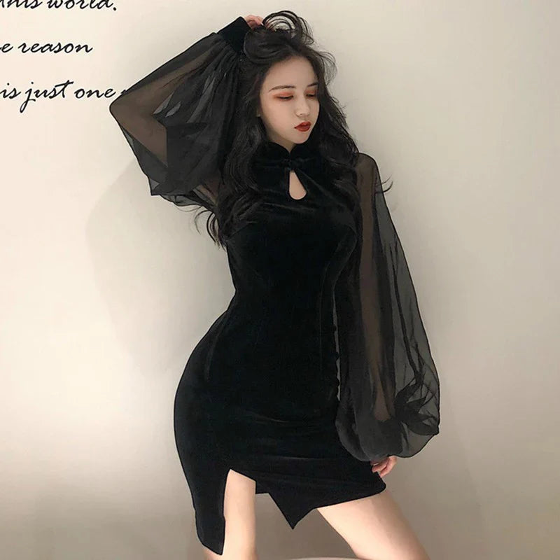 Velvet Qipao Dress With Lantern Sleeves Side Split Mini