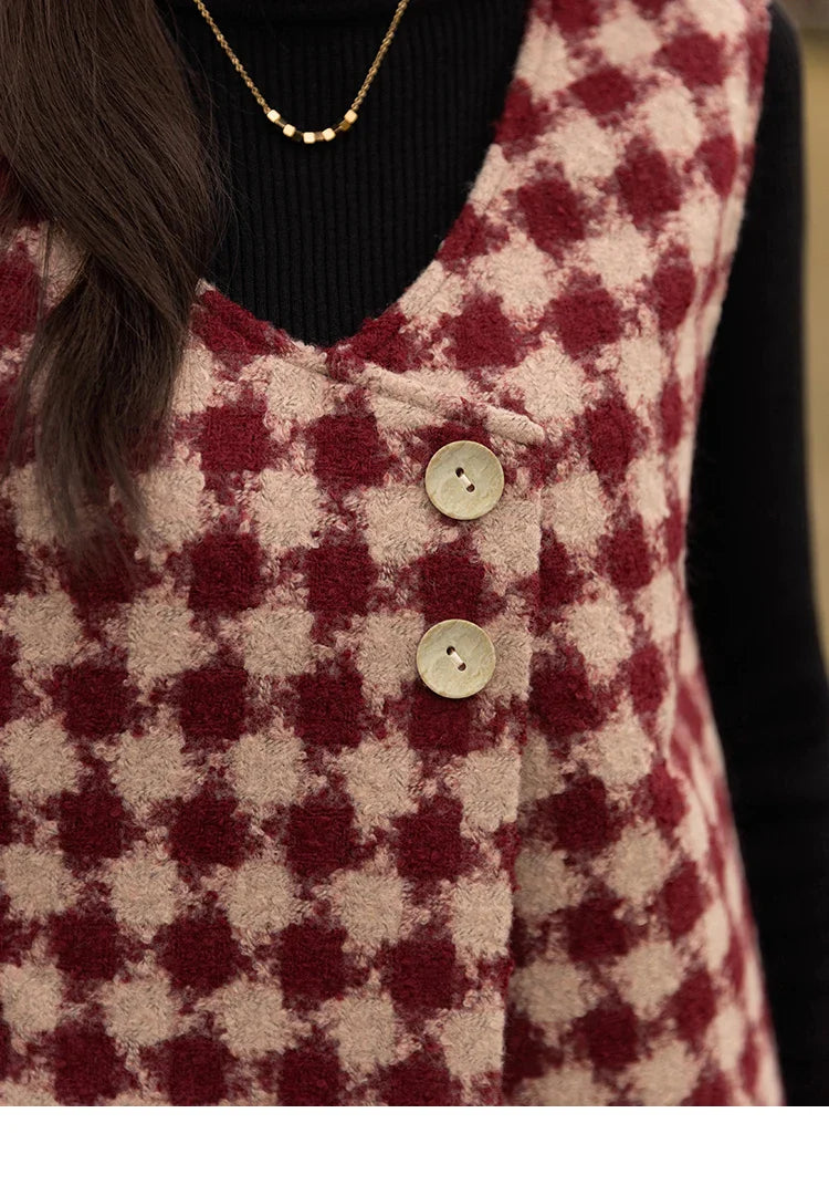 Plaid Vest Dress Aline Woolen Sleeveless Vneck Chic