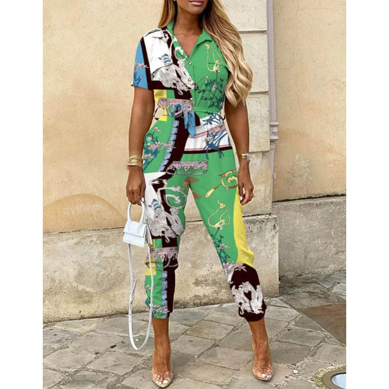 Summer Casual Women's Jumpsuit with Lapel Collar Printed Waistband and Stylish Buckle Detail