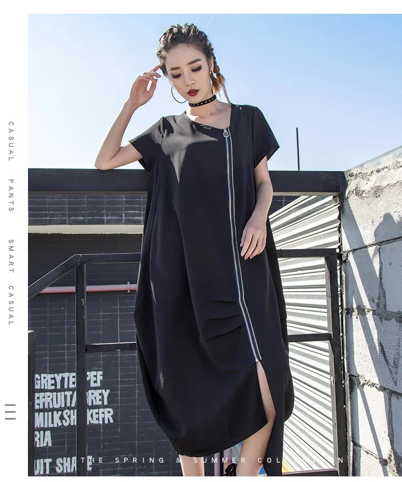 Black Zipper Dress For Women Elegant Casual Long Dress