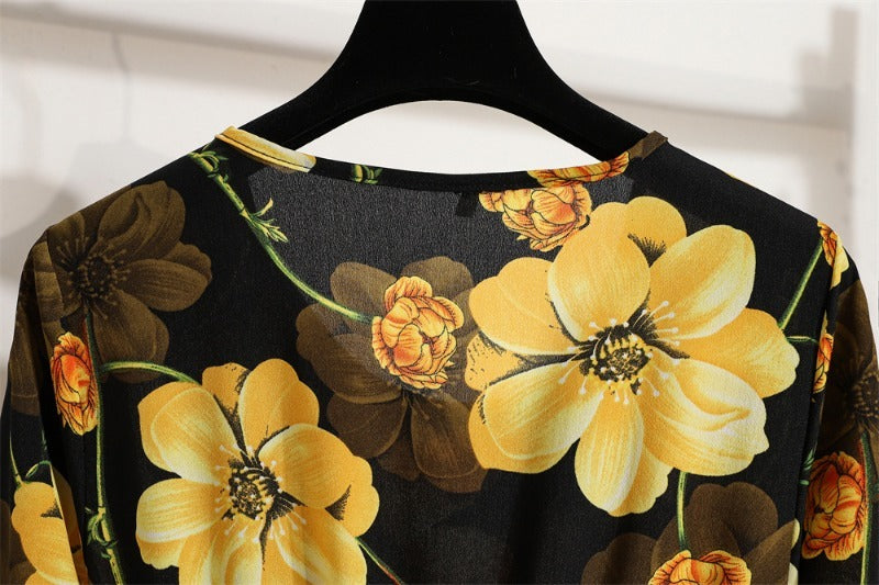 Bohemian Floral Maxi Dress High Waist Chiffon Long Sleeves