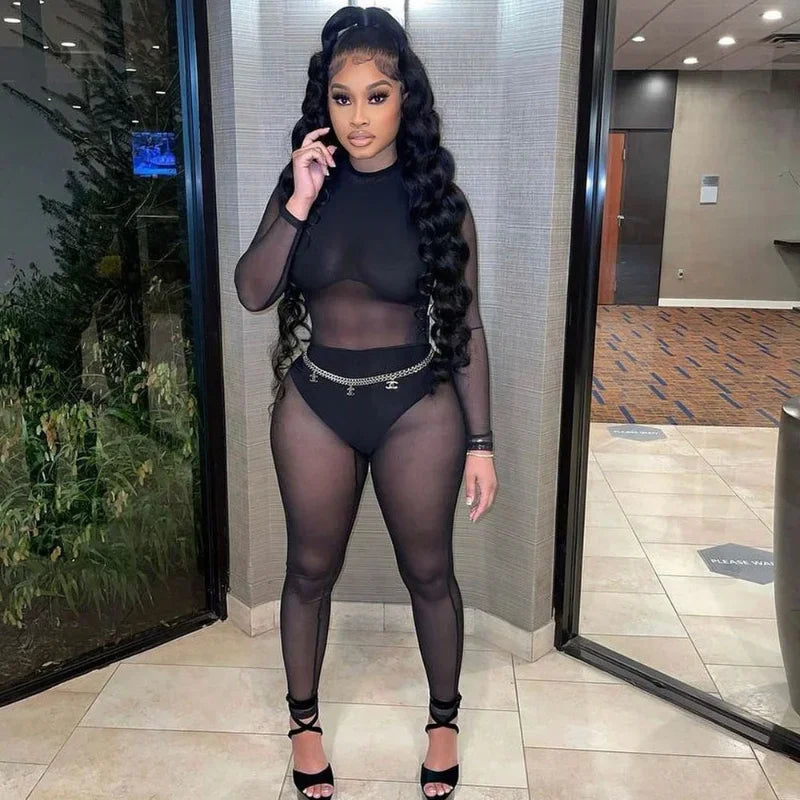 Black Transparent Mesh Jumpsuit See Through Bodysuit