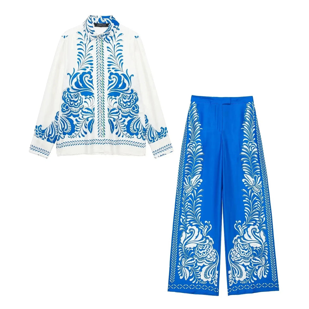 Women's Vintage Printed Casual Set with Long Sleeve Blouse and Straight Leg Pants