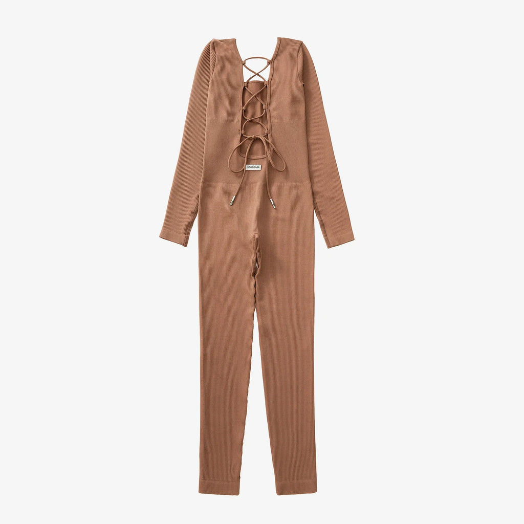 Bodycon Slim Fit Zipper Jumpsuit for Women Casual Brown Fitness Romper Streetwear Playsuit Overall