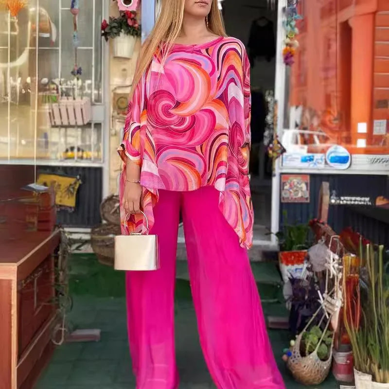 Colorful Chiffon Two Piece Set with Irregular Top and Wide Leg Pants for Women