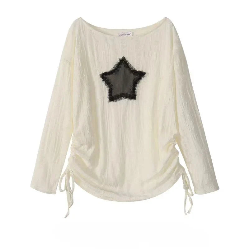 Grunge Star Print T-Shirt for Women in Y2K Aesthetic Style with Ripped Design and Loose Fit for Kpop Fairycore and Gothic Streetwear