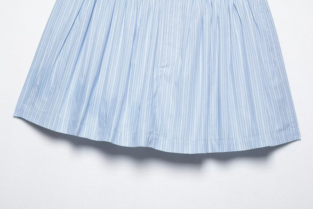 Women's Chic Two-Piece Blue Striped Long Sleeve Shirt and Front Zipper Mini Skirt Set