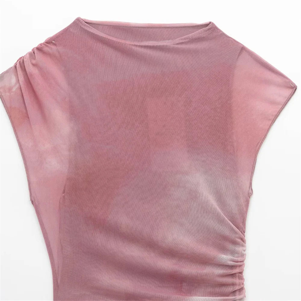 Pleated Silk Mesh Dress With Round Neck For Spring Summer