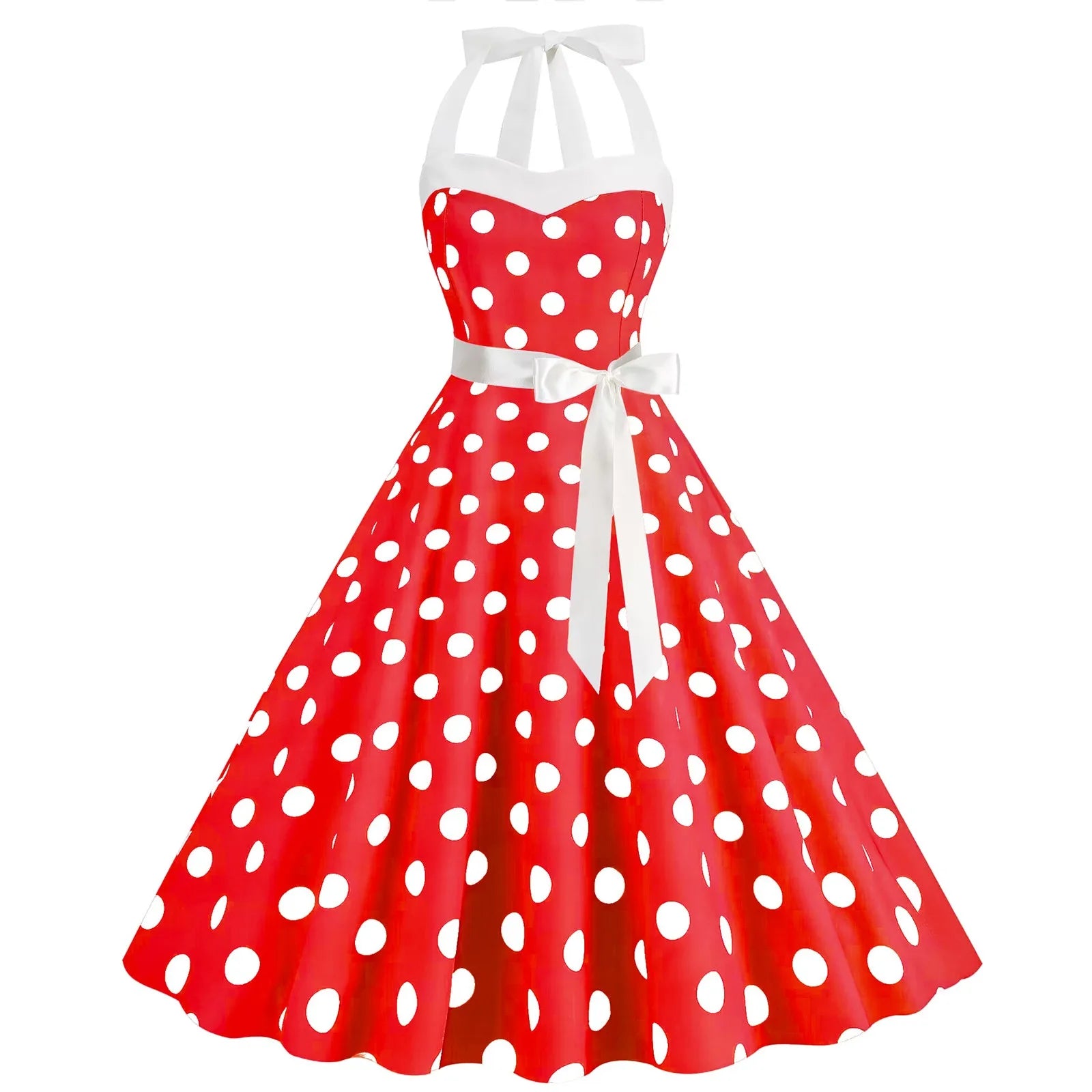 Retro Polka Dot Backless Dress With Lace Up Neckline Swing