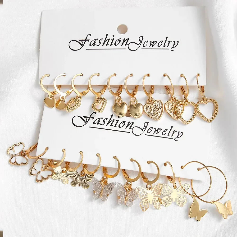 10pcs Gold Color Butterfly Earrings Set for Women Fashion Jewelry Gifts