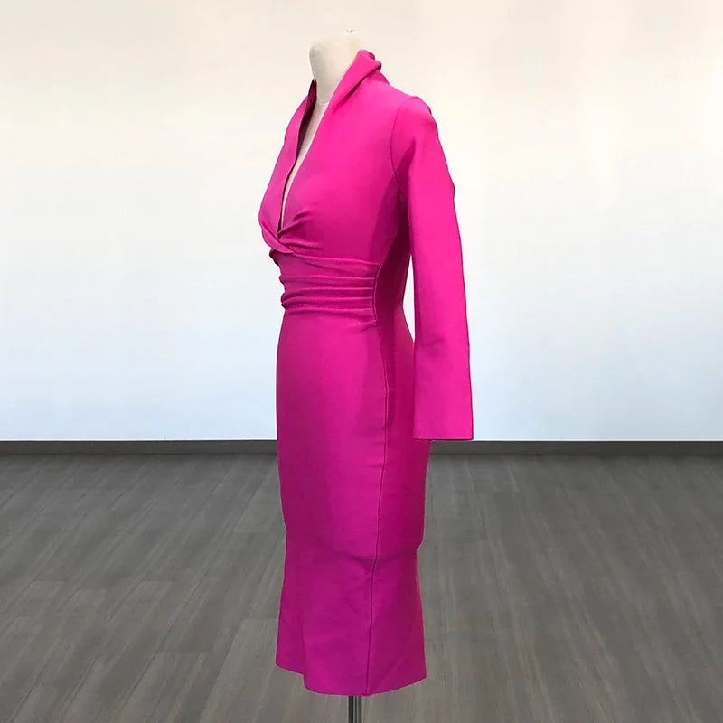Colorful Deep V Bandage Dress Long Sleeve Bodycon Dress