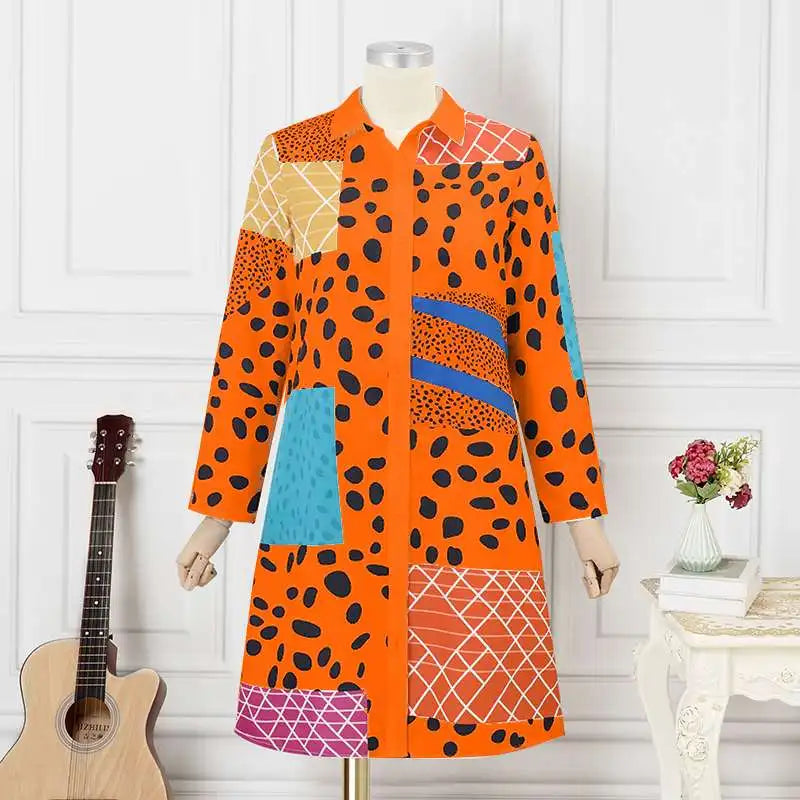Boho Leopard Print Shirt Dress With Lapel Long Sleeve