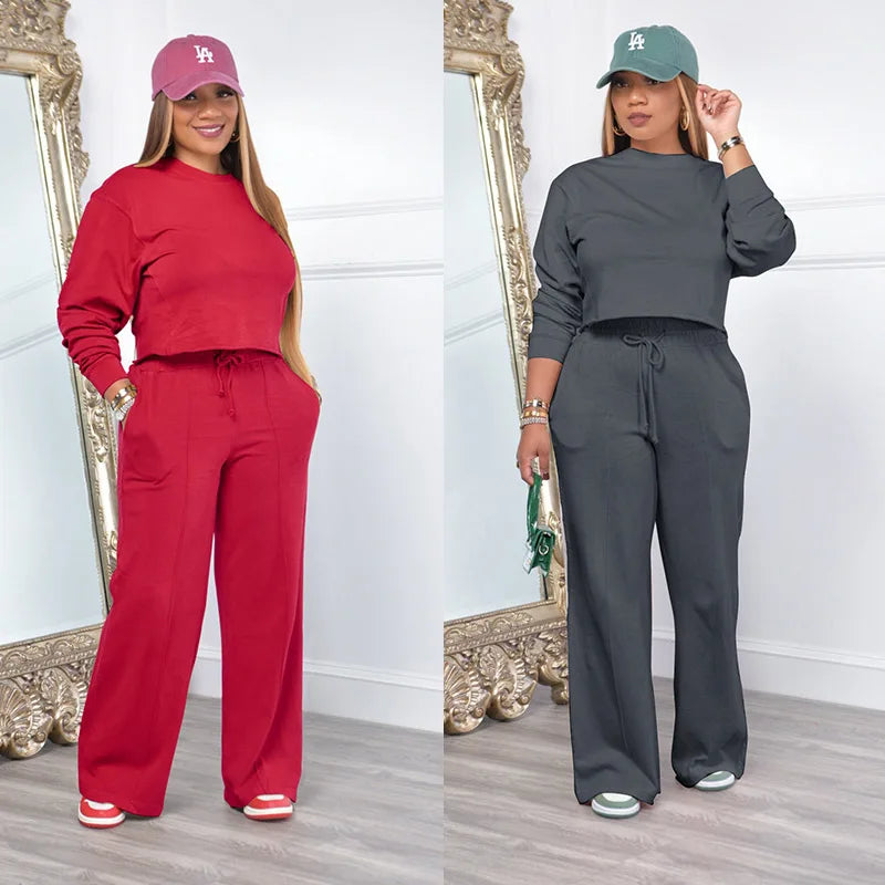 Women Winter Tracksuit Set Pullover Top and Pants 2 Piece Casual Outfit Thicken Warm Solid Color Suit