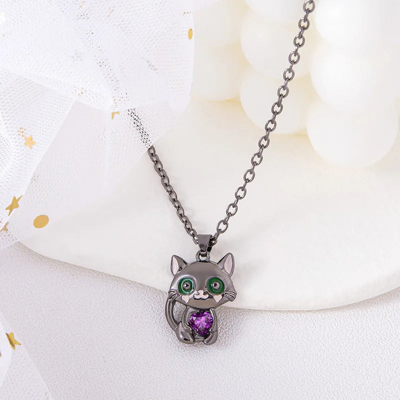 Cartoon Black Cat Pendant Necklace with Purple Heart Crystal for Women and Men Jewelry Accessory