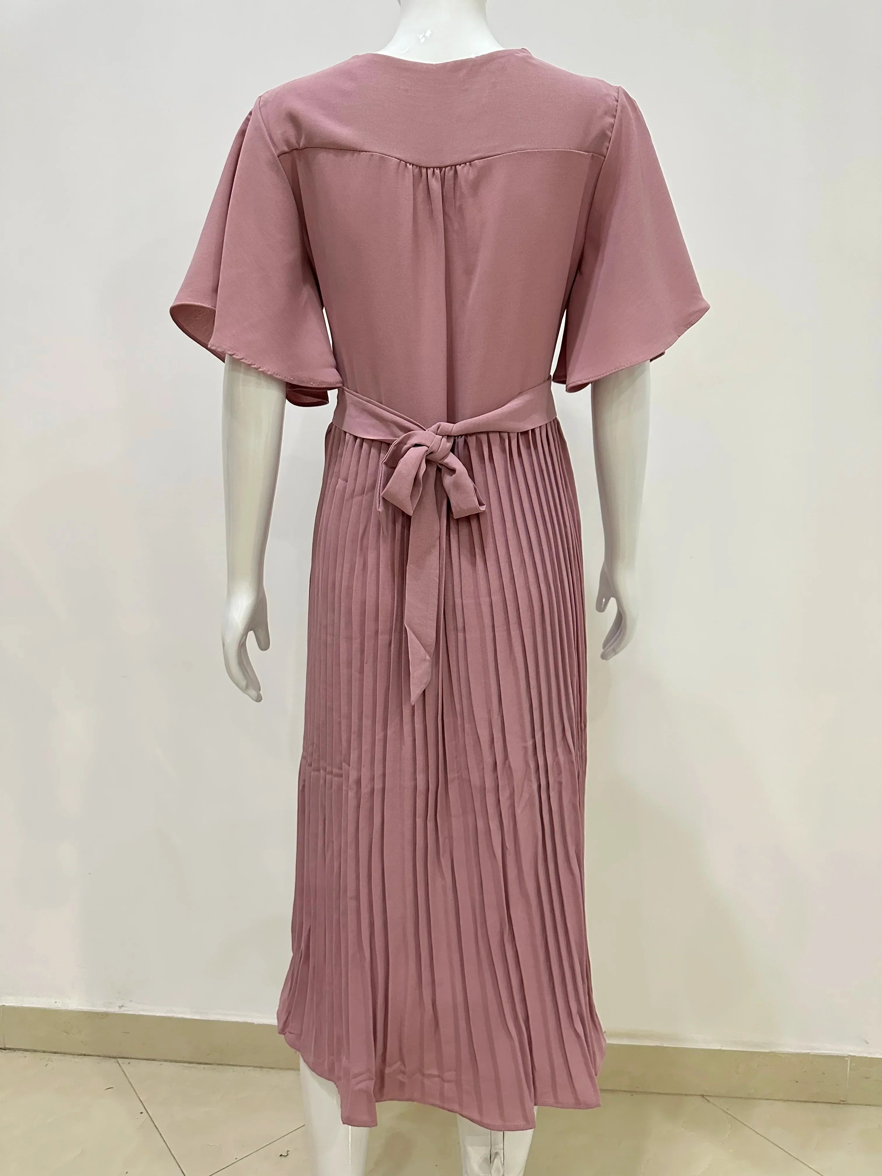 Summer V-Neck Pleated Dress With Lace Up Waist Long Skirt