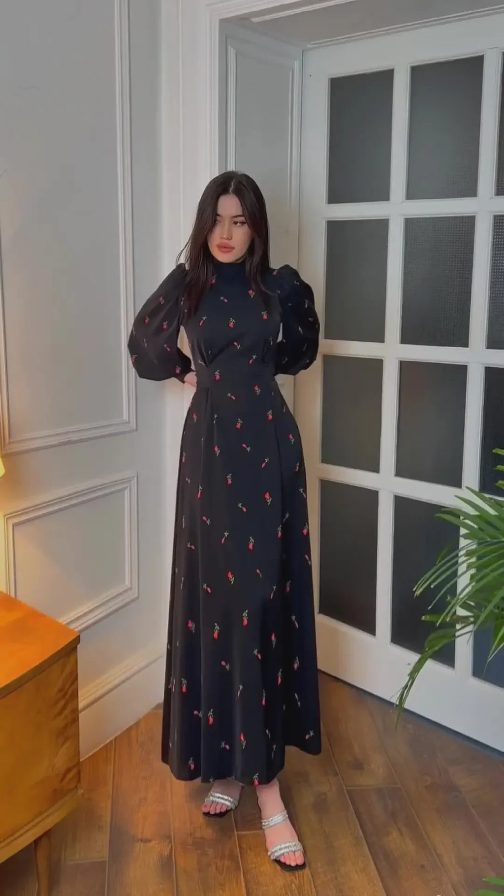 Black Print Dress For Women O Neck Long Sleeve Lace Up