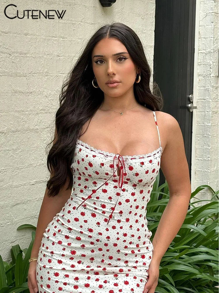 Rose Print Maxi Dress for Women Summer Bodycon Style