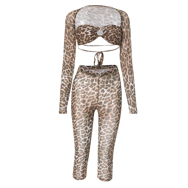 Leopard Print Mesh Long-Sleeved See-Through Sexy Set with Lace-Up Bustier, Short Shawl and Elastic Waist Pants
