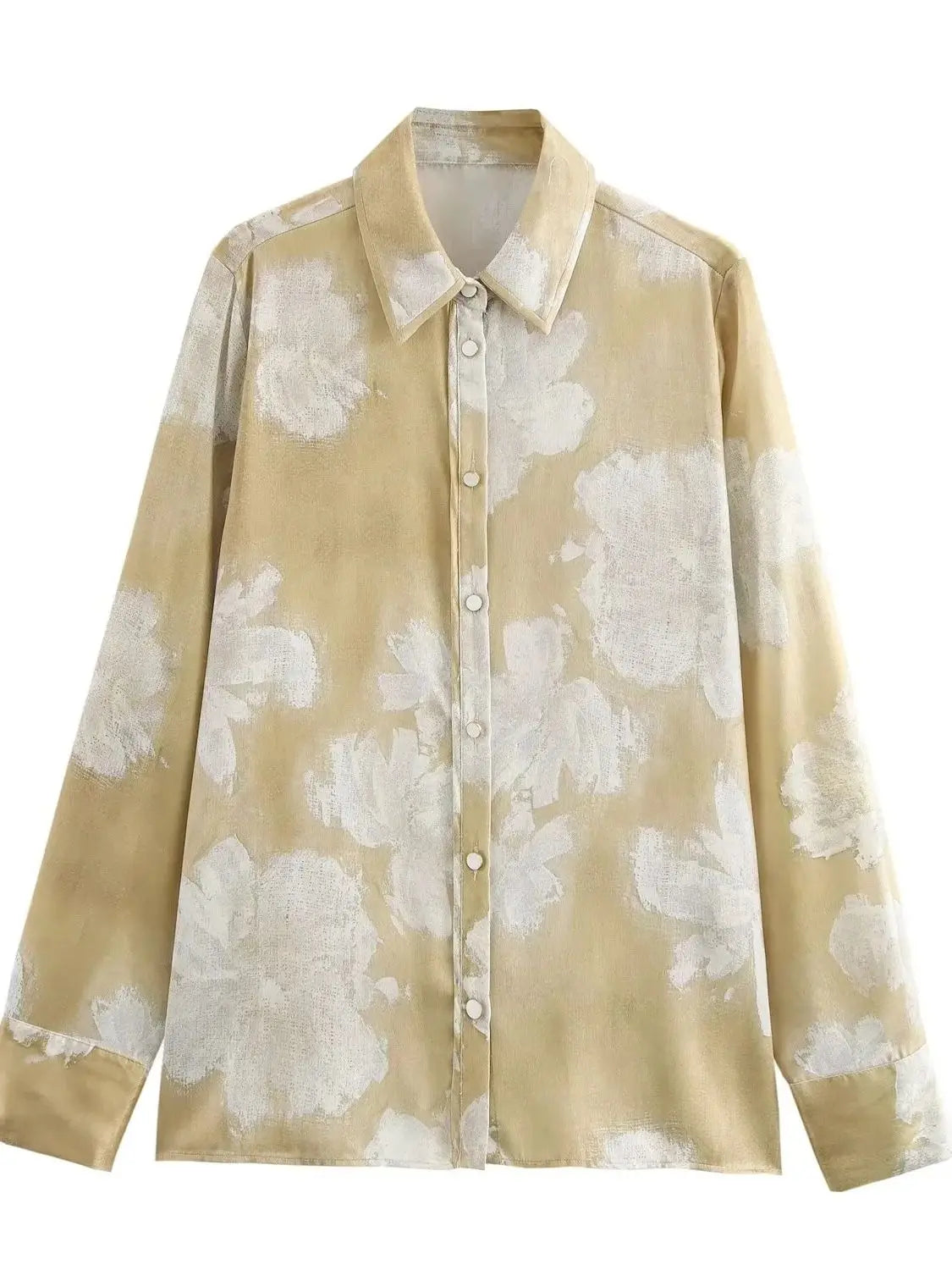 Silk Satin Flower Print Long Sleeve Shirt and Pants Set for Women